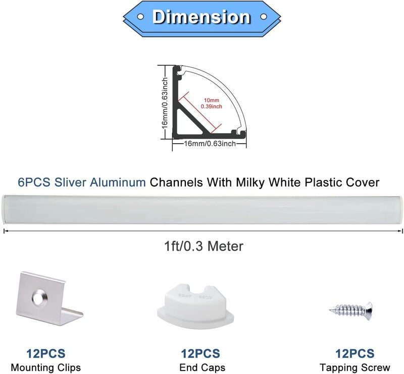 VST 6Pack 1 ft LED Aluminum Channel with Milky White Cover V Shape 16x16mm, Led Strip Light Track with End Caps and Mounting Clips Accessories for Living Room, Kitchen - Image 2